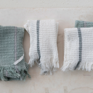 cotton waffle weave tea towels w/ fringe, 2 colors